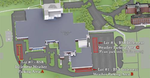 Illustrated image of campus map showing Inclement Weather Parking Areas