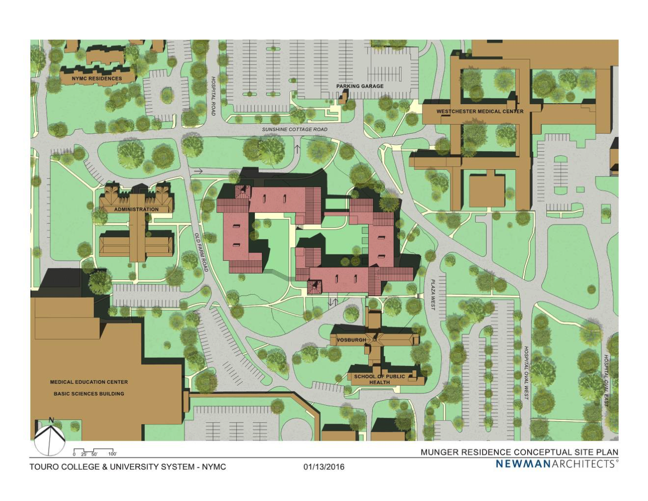 Drawing of the NYMC campus. Housing is northwest of the rest of the campu