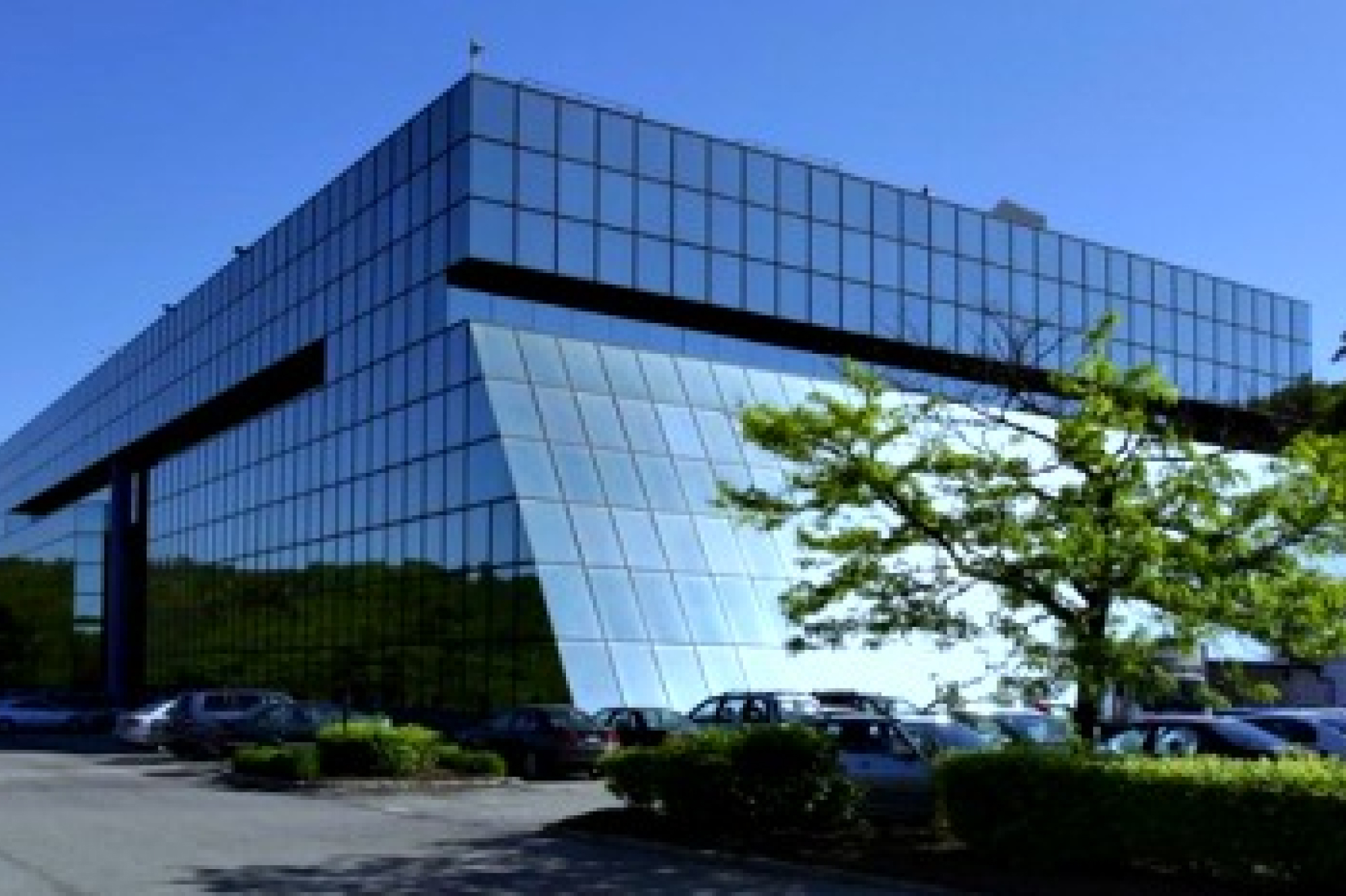 19 Skyline Drive building which is covered in windows reflecting the blue sky