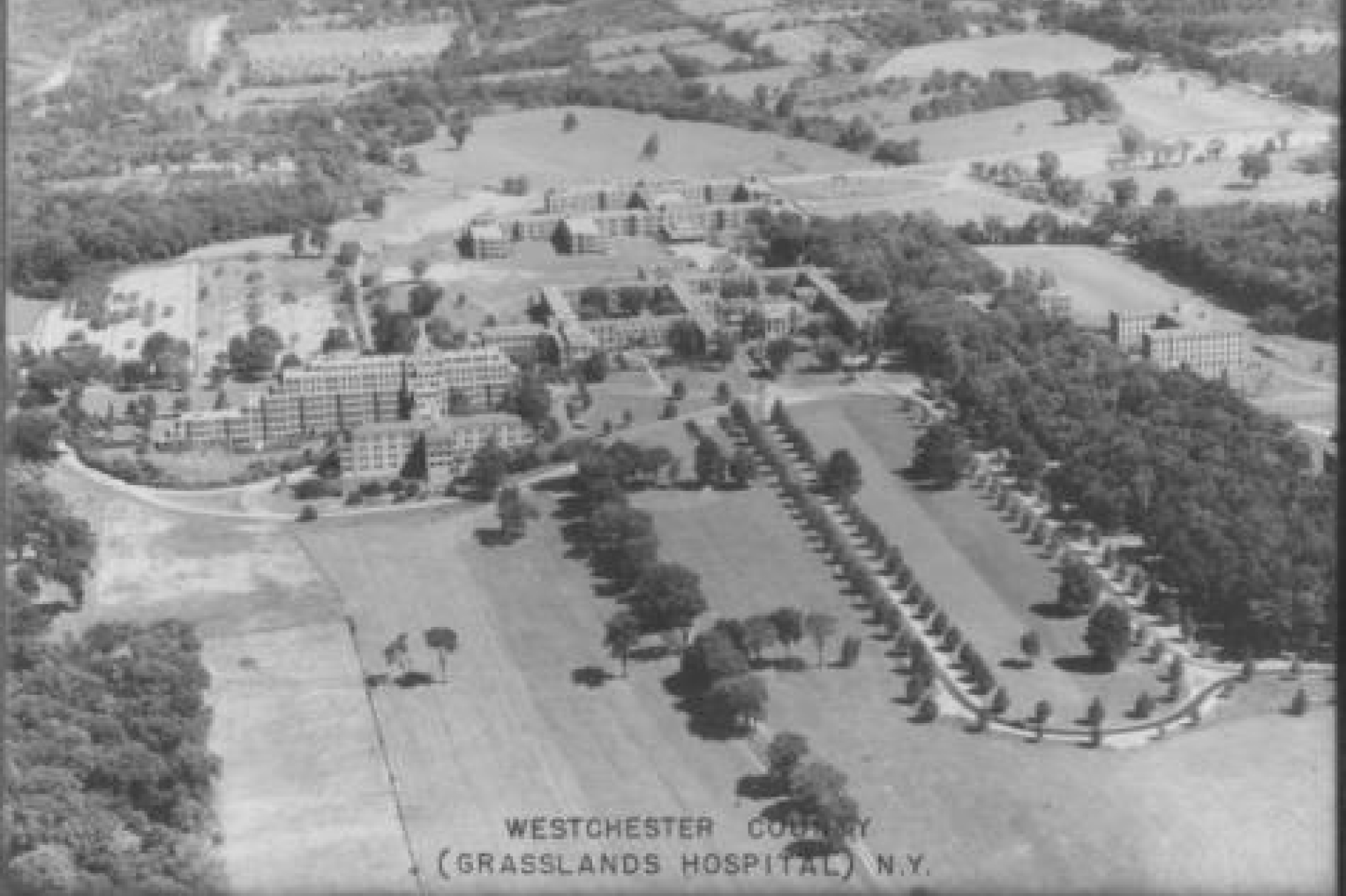 Aerial view of the Grasslands hospital, with many buildings, large grassy areas, and wooded areas