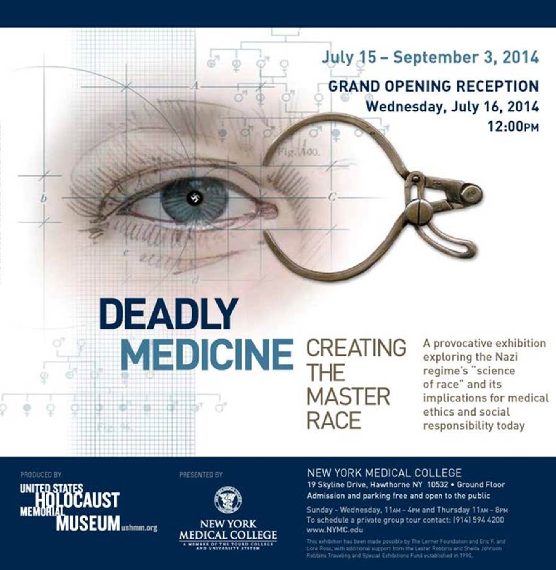 Poster for the Deadly Medicine traveling exhibition, featuring an illustration of an eye with calipers next to it