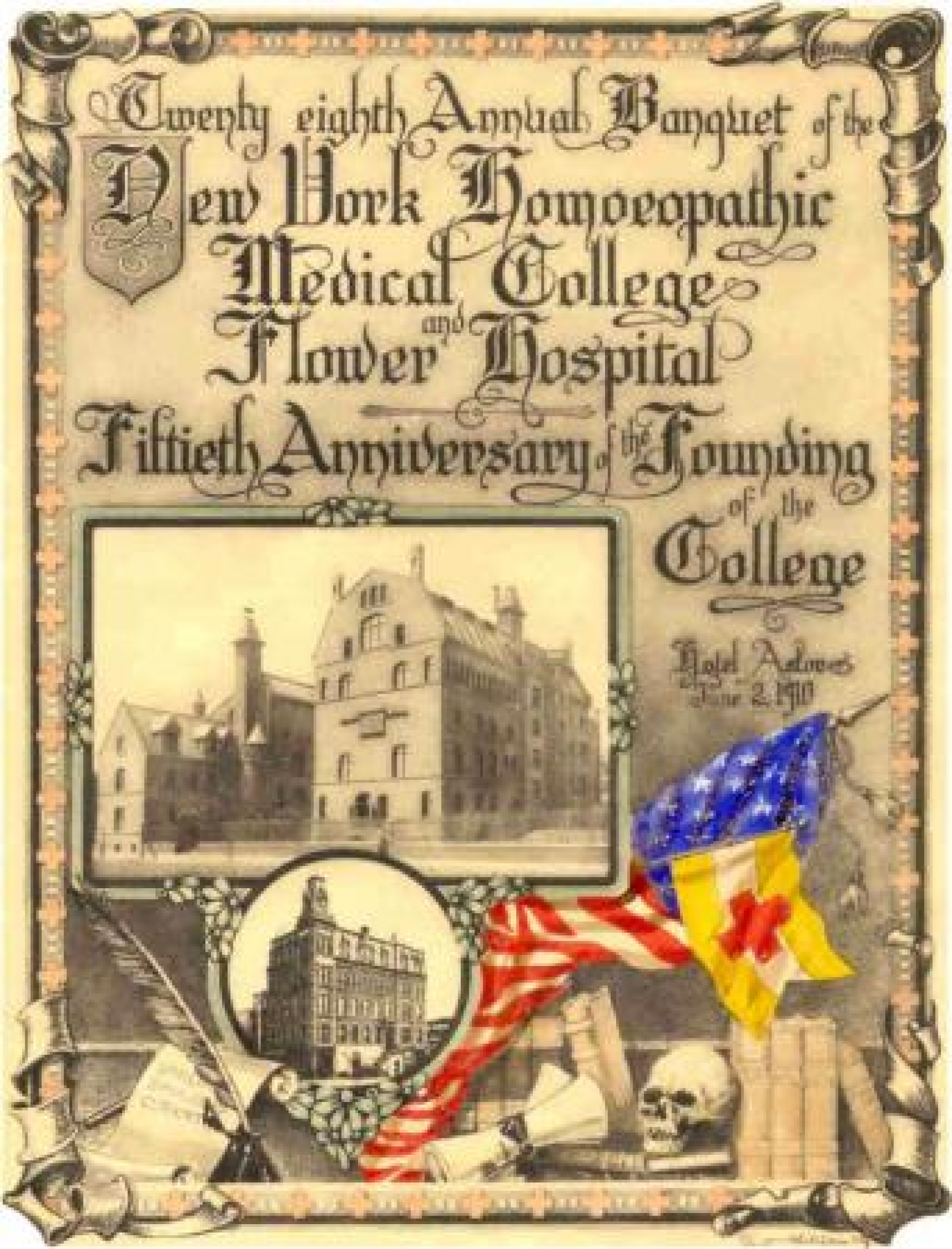 Fifty years celebratory poster designed to look like a scroll, with Gothic calligraphy, an image of the college and the hospitals, two flags, and illustrations of books and a skull