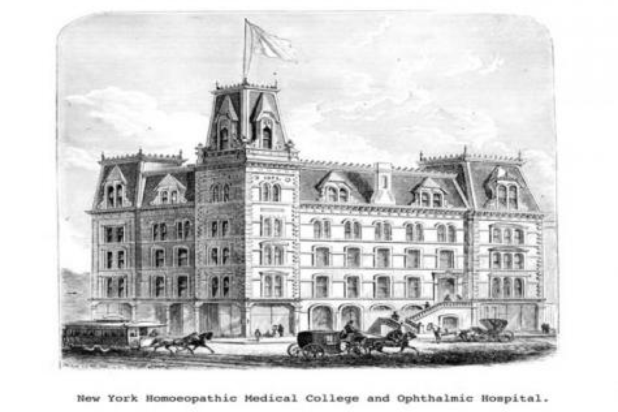 Drawing of the college's new location, a multi-story Gothic style building with rounded windows and a turret with a flag on top