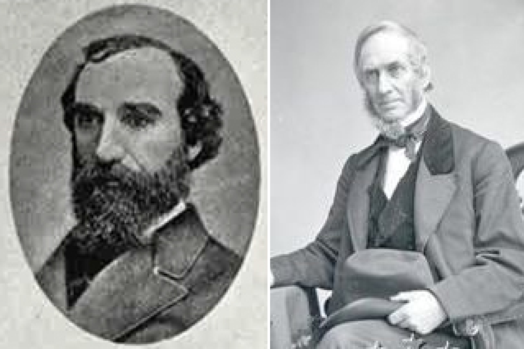 Jacob Beakley, A.M., M.D., with curly, short hair, a mustache and beard, and a suit. Daniel F. Tiemann with short, combed hair, sideburns, a suit, and a hat in his lap