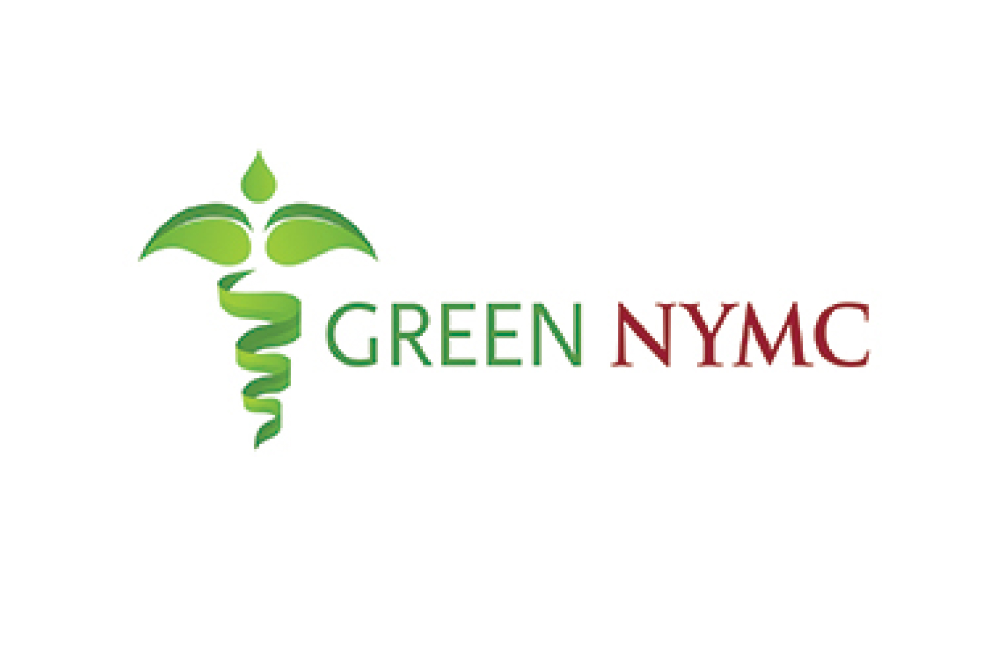 Green NYMC logo with caduceus made of leaves