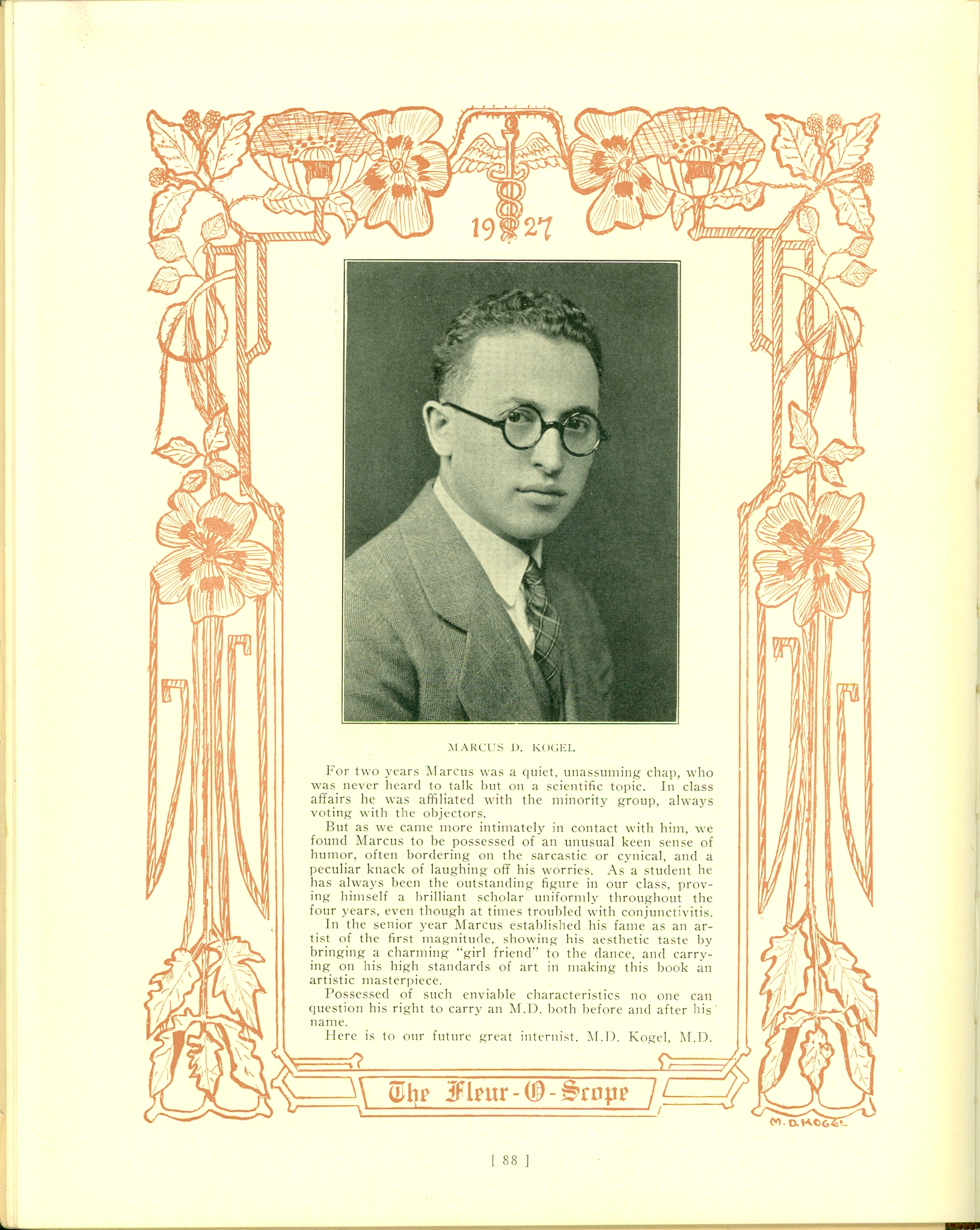 Marcus D. Kogel, M.D.'s yearbook page. He has short curly hair, and is wearing thick-framed round glasses and a suit.