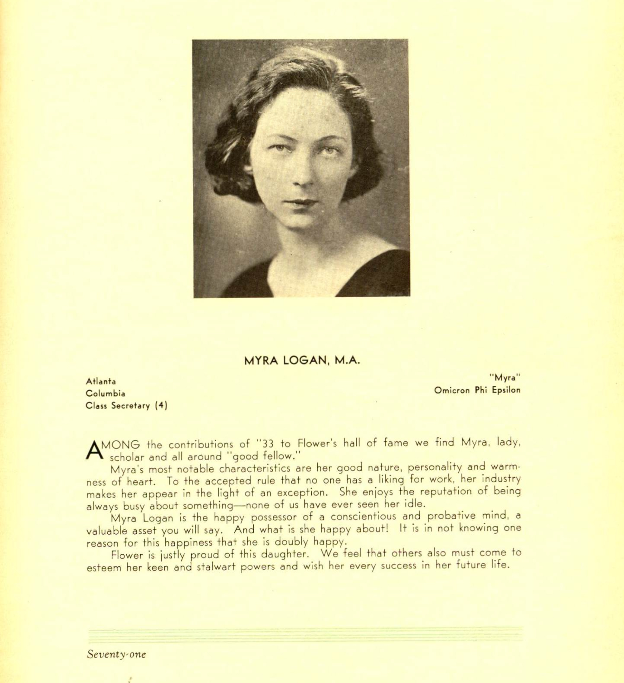 Myra Adele Logan, M.D.'s NYMC yearbook page. She has a short, dark bob, and a serious expression on her face.