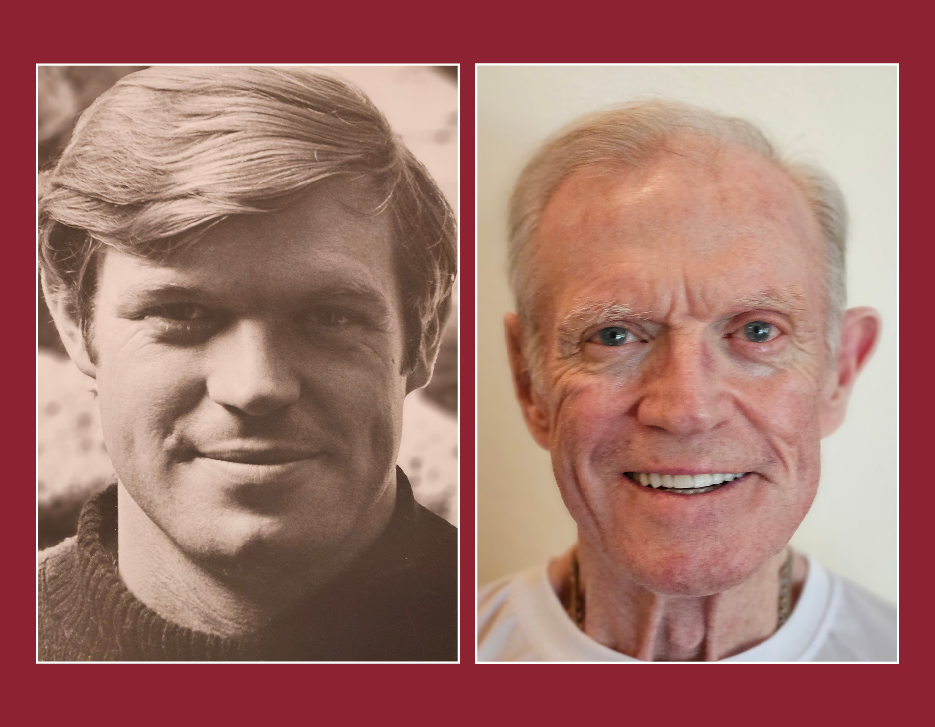 Older man smiling with white t-shirt next to a photo of his younger self