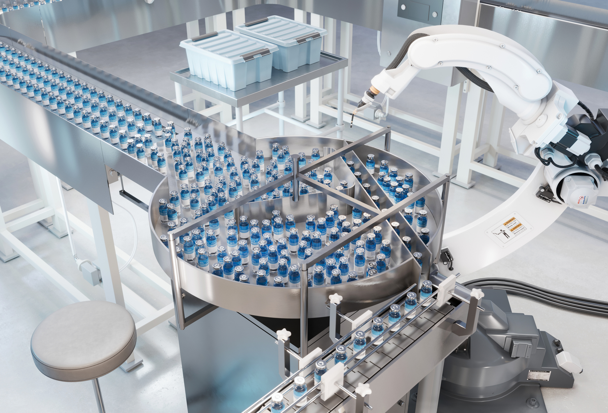 3D rendering of an automatic medicine manufacturing factory stock photo