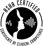 ASHA logo- ASHA Certified, certificate of clinical competence. Abstract illustration of people and soundwaves.