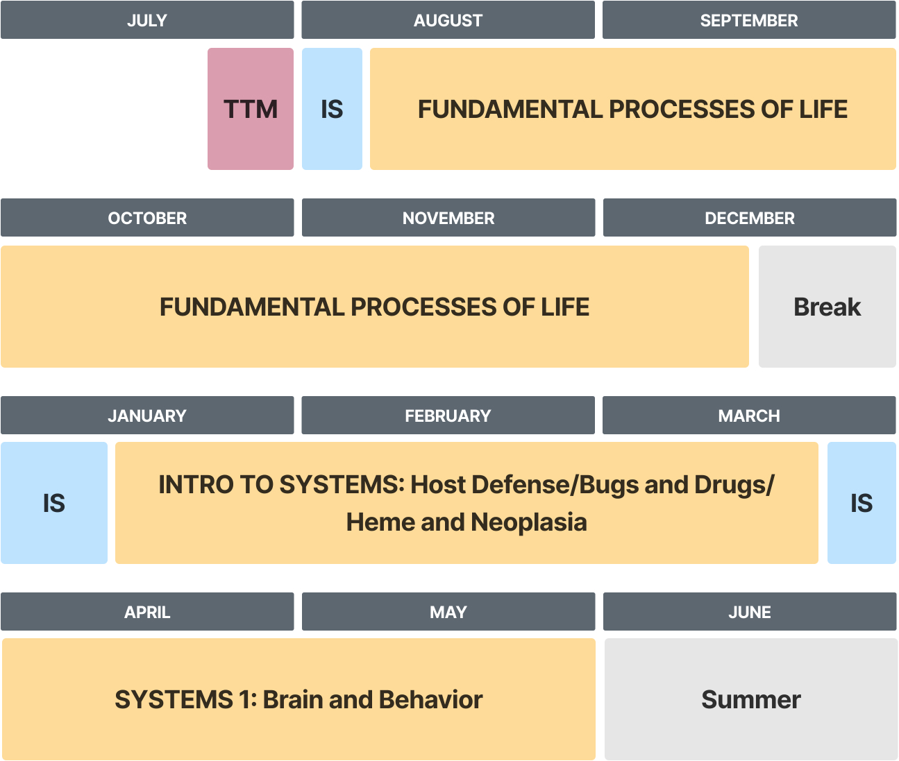 A sample schedule outlining phase 1, year 1 of the M.D. program curriculum. This phase runs from July through June.