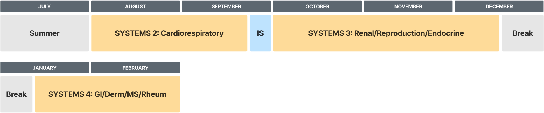 A sample schedule outlining phase 1, year 2 of the M.D. program curriculum. This phase runs from July through February.